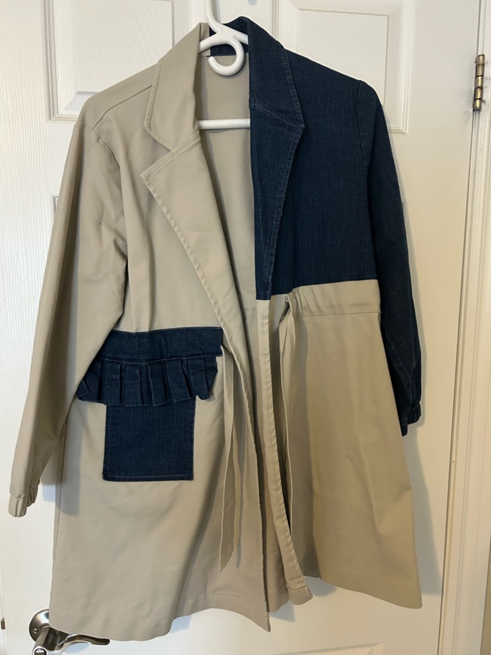 Two-Tone Beige and Dark Blue Women’s Trench Coat - Picture 2 of 8